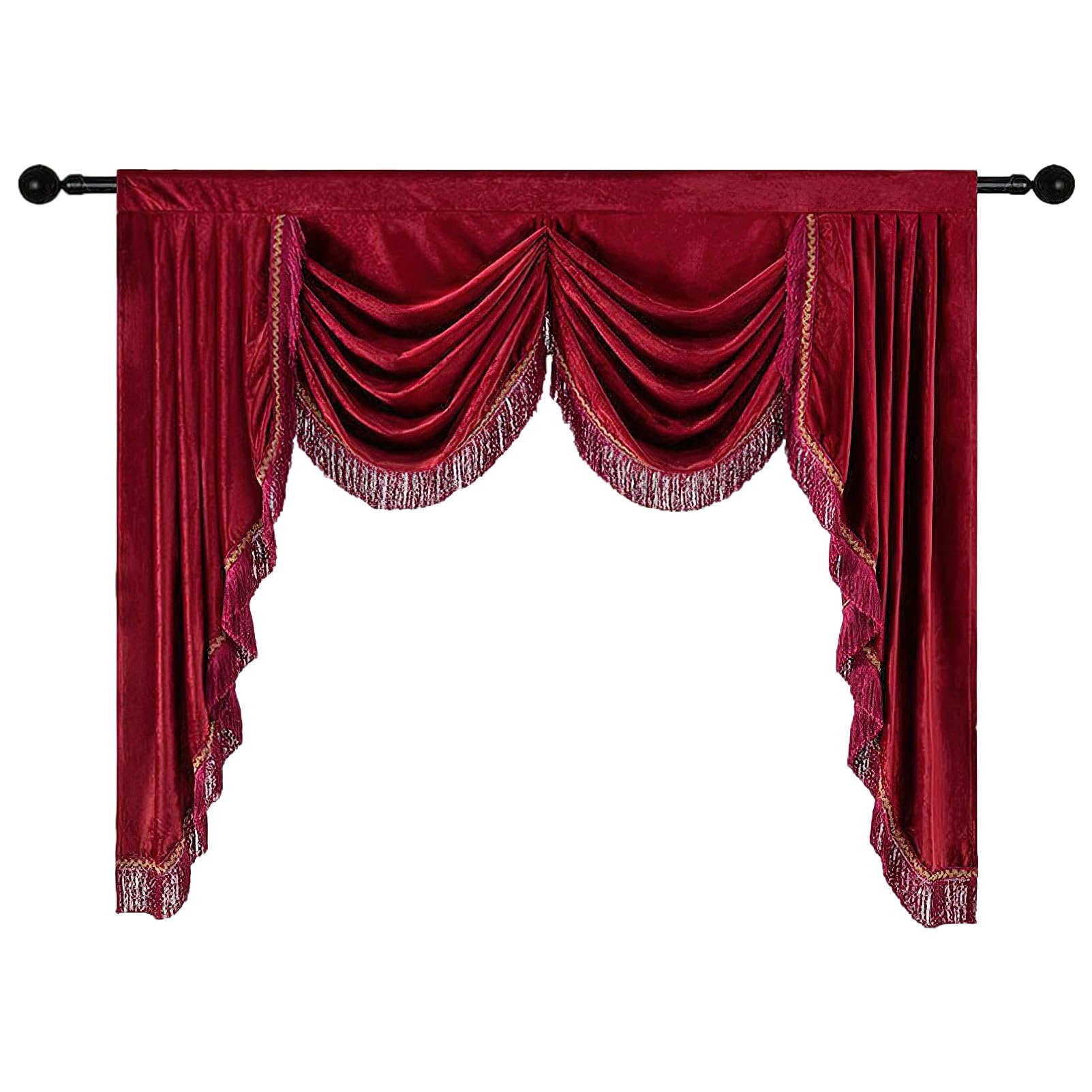 Cantonnière en velours avec pompons pour fenêtre - Motif cascade - Rouge - Pour salon, chambre à coucher - 124 x 155 cm (H x l)