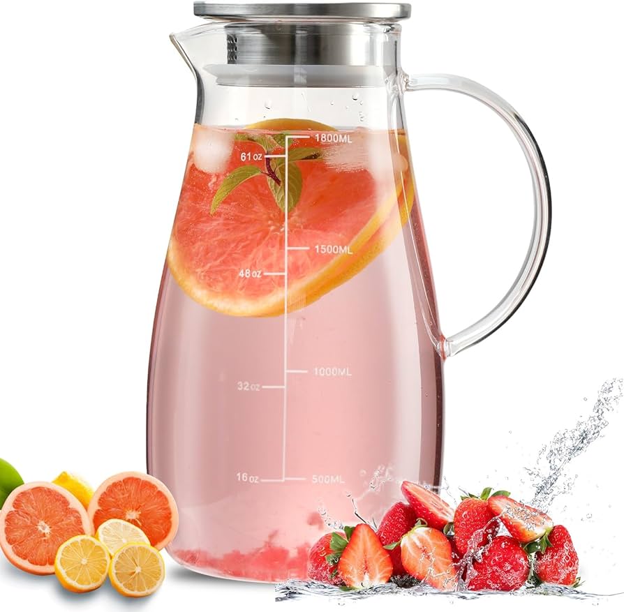 Glass Pitcher, 68 oz 2 Liter Glass Pitcher with Lid and Precise Scale Line, Water Pitcher with Handle and Lid, for Hot/Cold Beverages, Coffee, Juice, Lemonade, and Milk