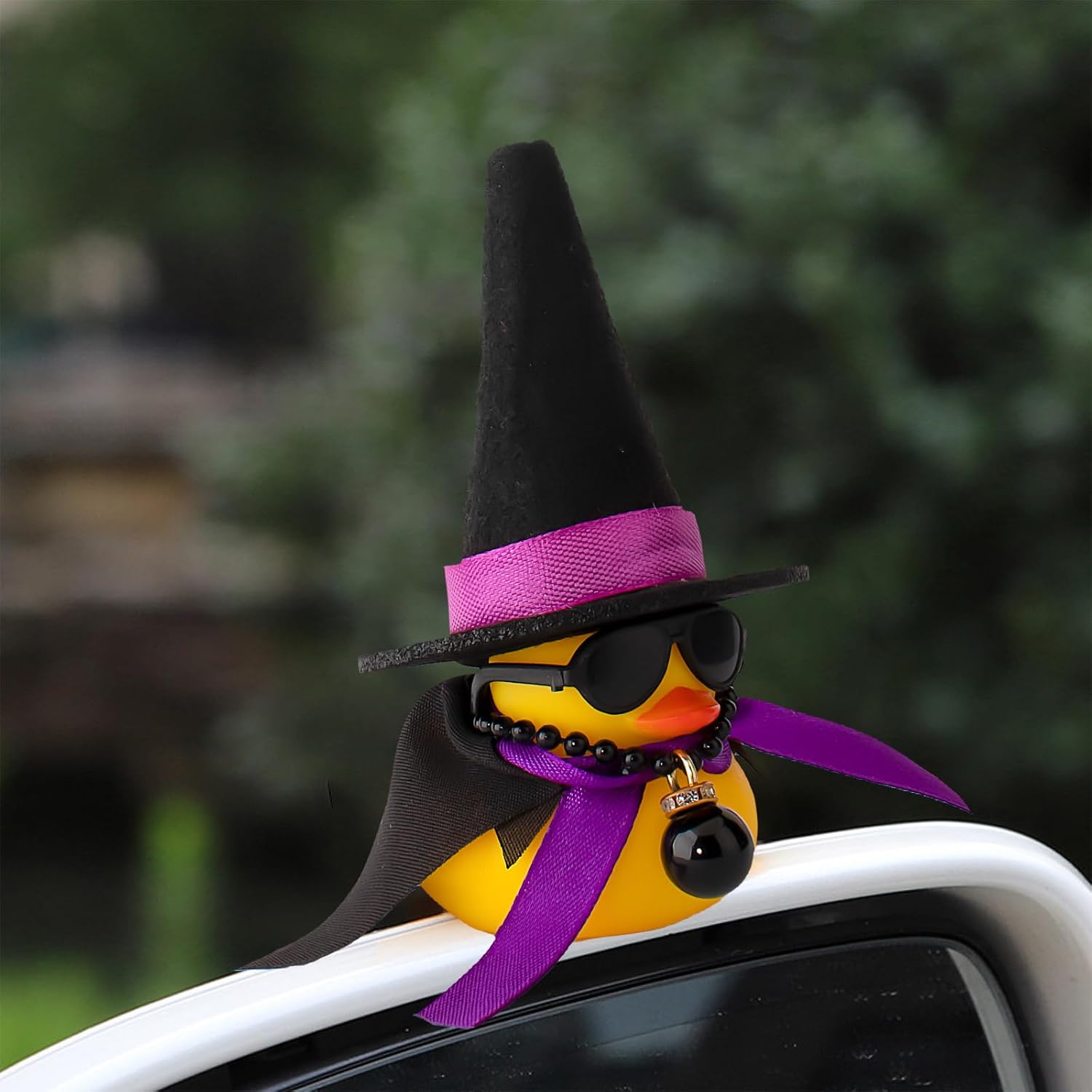 wonuu Rubber Duck Car Ornaments Duck Car Dashboard Decorations for Car Decorations with Magic Hat Broom Necklace and Sunglasses, I_Black&Purple hat