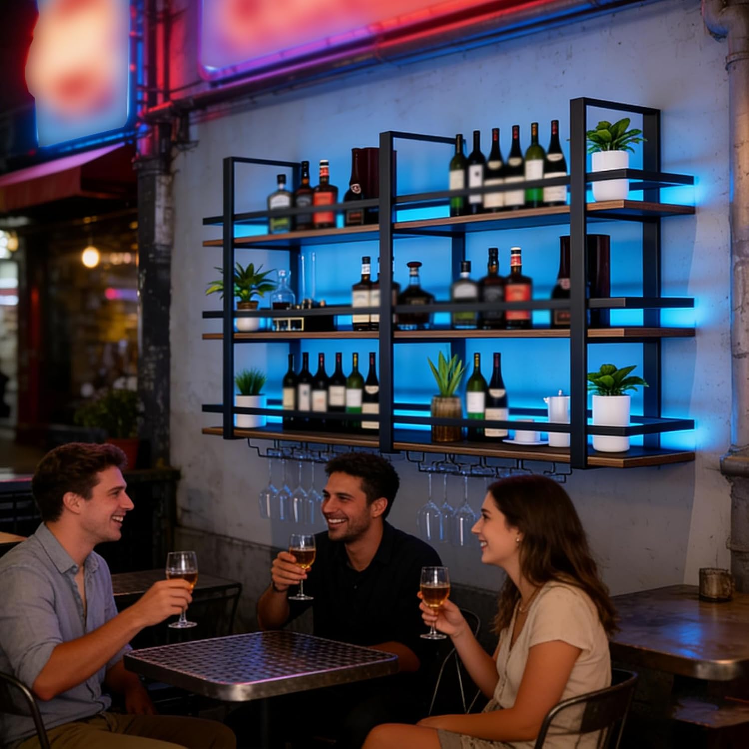 Wine Rack Wall Mounted with LED Lights, 3 Tier Metal Liquor Floating Display Shelves, with Wine Glass Rack, Iron & Wood Industrial Wall Wine Rack, for Bar, Kitchen, Cafe (Black, 39.4in)