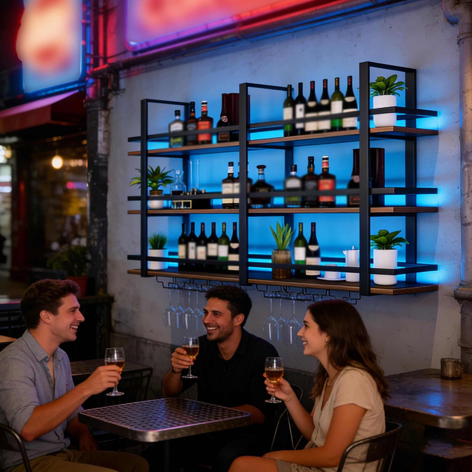 Portabottiglie da Parete con luci a LED, Ripiani Espositivi Galleggianti in Metallo a 3 Livelli per Liquori, con Portabicchieri, Portabottiglie da Parete Industriale, per Bar, Cucina (Black, 140cm)