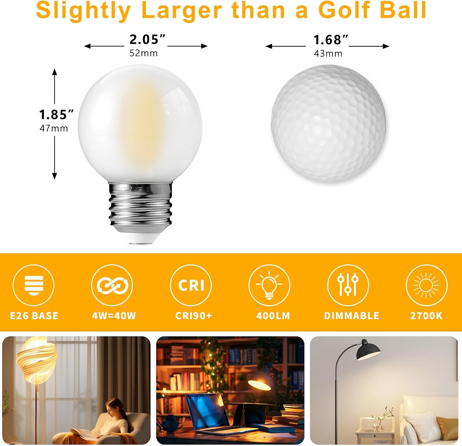 E26 G16 LED Globe Light Bulbs, Small Golf-Ball Size Round Bulb, 4W (40W Equivalent) 400 Lumens, 2700K Soft White, Dimmable, Frosted Glass, for Candelabra, Pendant, Sconce, Lamp, 6 Pack