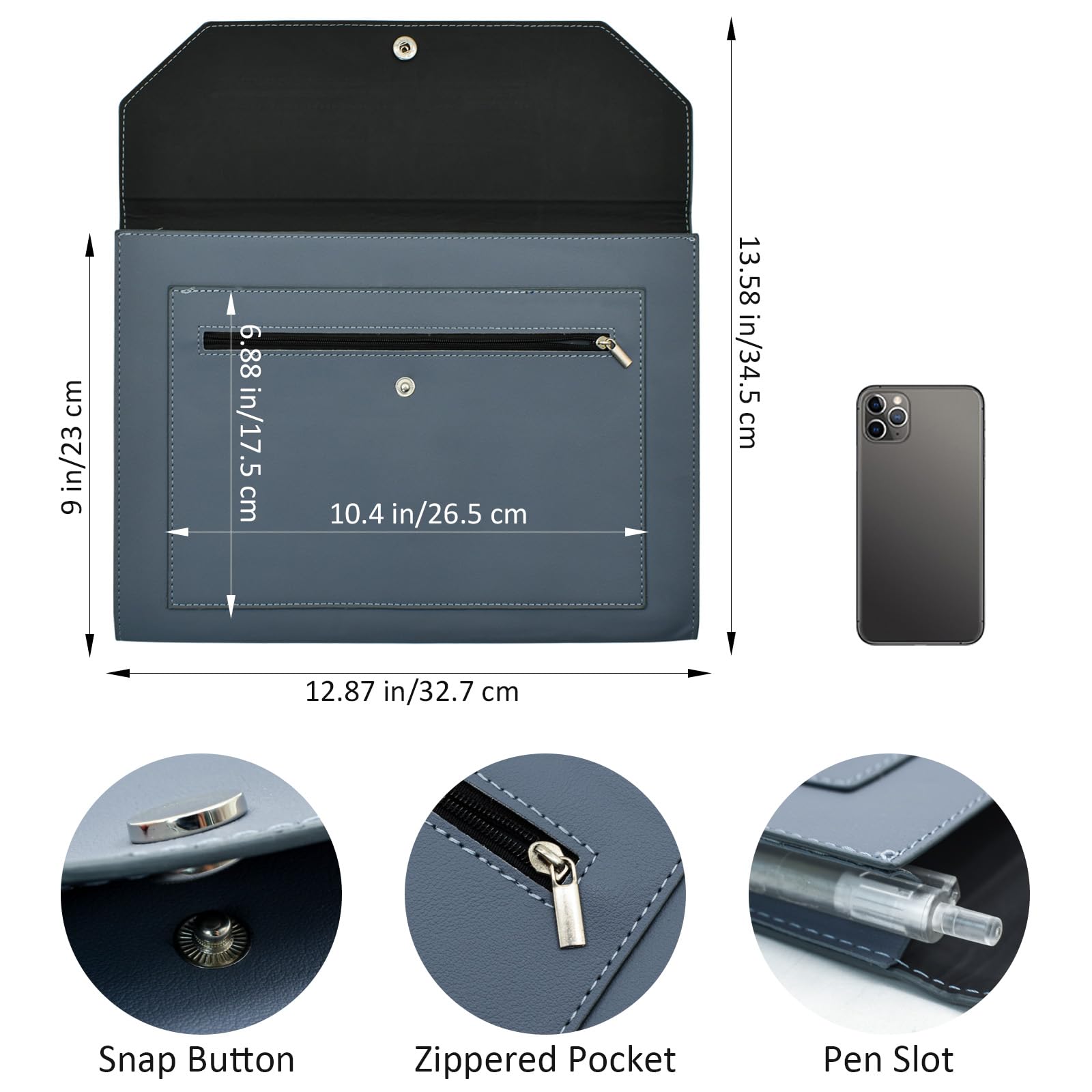 VANRA Cartella portadocumenti espandibile in pelle PU, con tasca con bottone a pressione, tasca con cerniera, per fogli formato A4 (blu scuro)