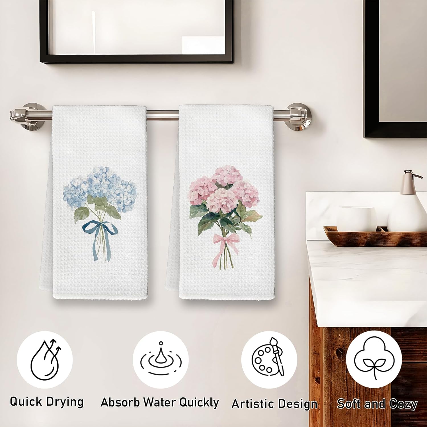 Pink Blue Hydrangea Kitchen Towels, Coquette Pink Bow Hydrangea Floral Hand Dish Towels Decor, Cottagecore Decor Tea Towel for Kitchen Bathroom Decorative, 16x24 Inch Set of 2 - Image 6