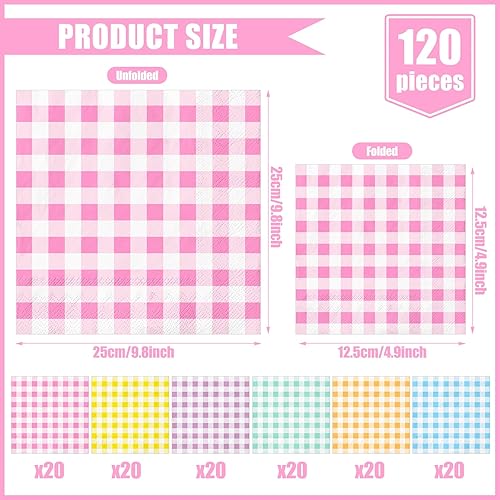 Miniatura 2 de Whaline 120 servilletas de cóctel de Pascua y primavera, 6 colores pastel, servilletas de papel a cuadros, servilletas de cena desechables para