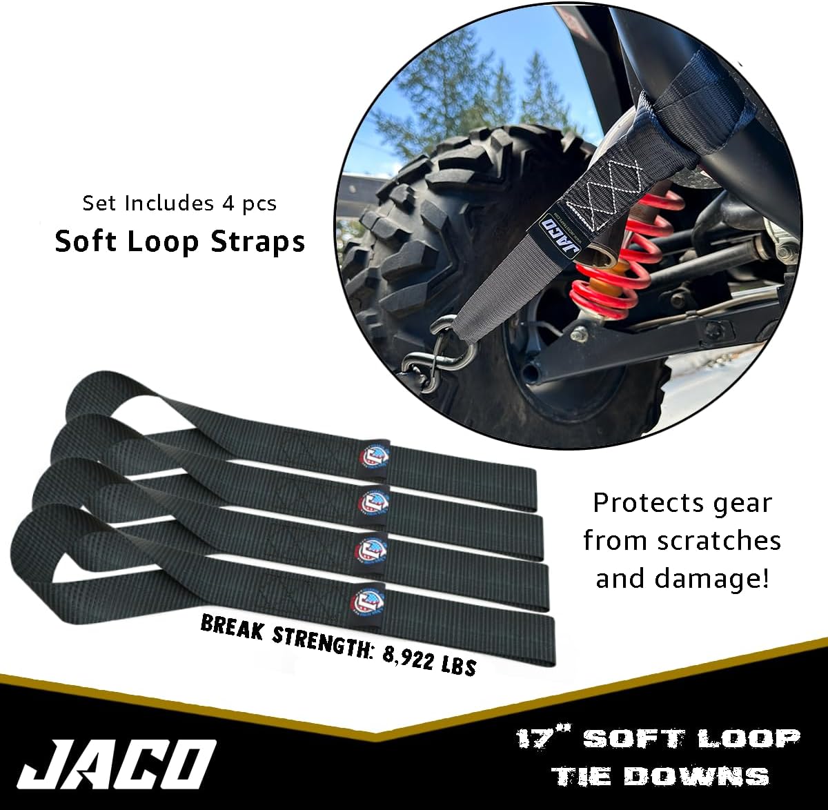 JACO Heavy Duty Ratchet Straps - 1.6 inch x 8 ft (Pack of 4) | Tie Down Kit with Soft Loops - 5,208 lbs (Black)