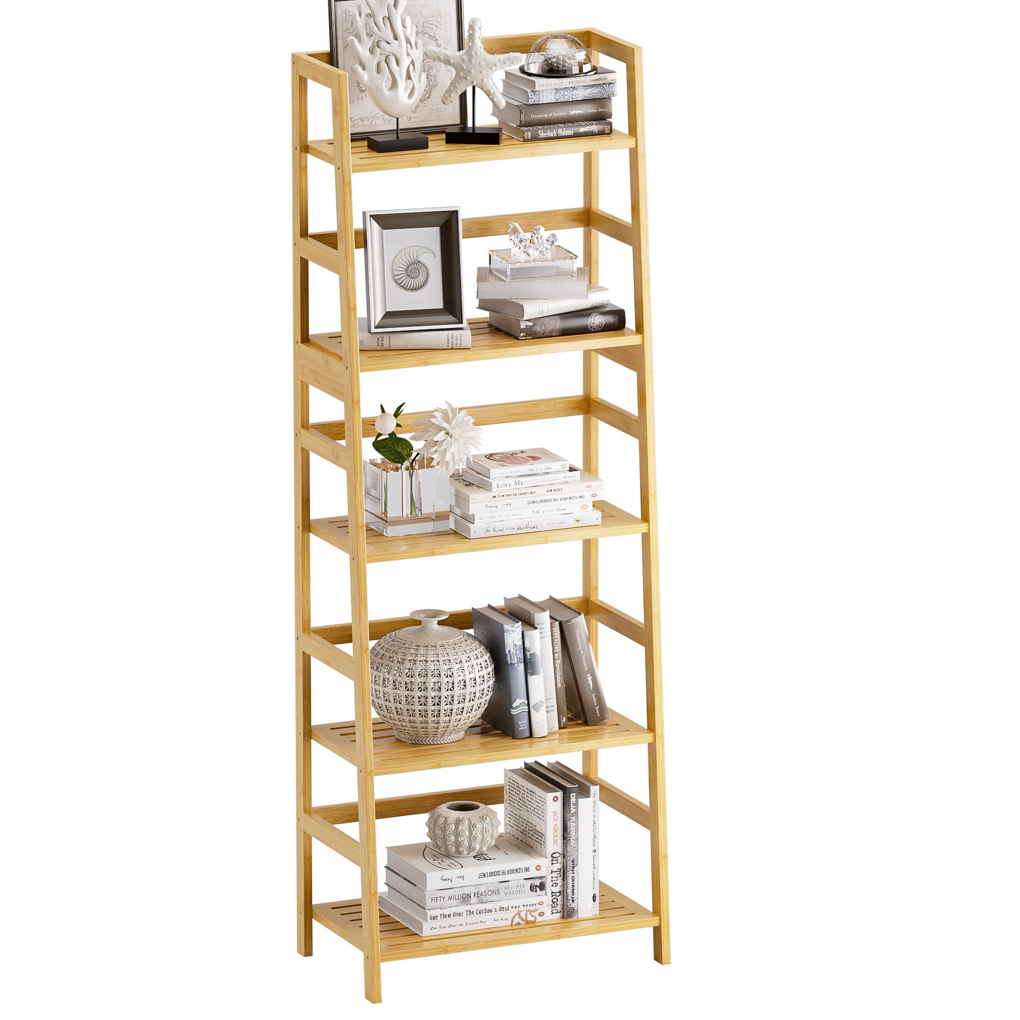 Scaffale A Scala In Bambù 5 Ripiani - Libreria Moderna Per Soggiorno, Ufficio E Camera - Foto 2