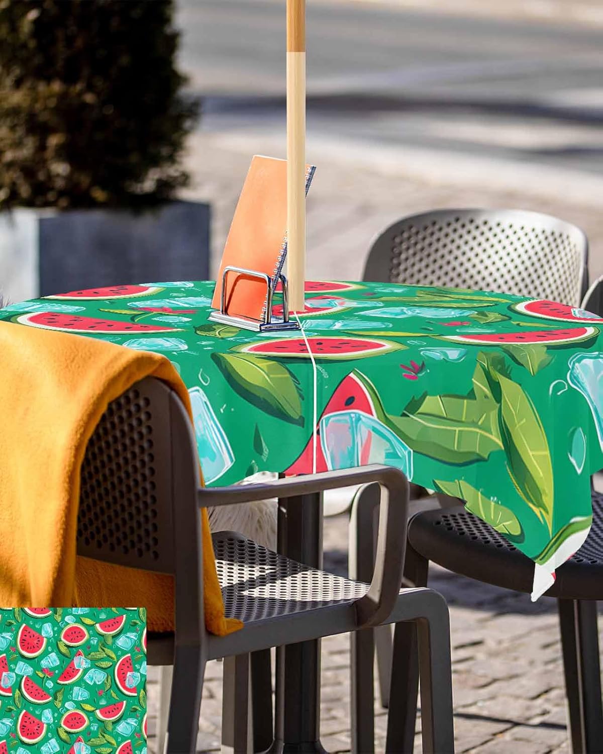 Outdoor Tablecloth with Umbrella Hole and Zipper 60" Square Summer Watermelon Ice Chunk Green Leaves Water Repellant Table Cover Tabletop Collection for Party Patio Picnic
