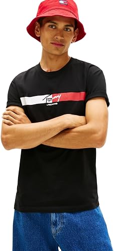Tommy Jeans Camiseta de Manga Corta Hombre Signature Stripe de algodón, Negro (B
