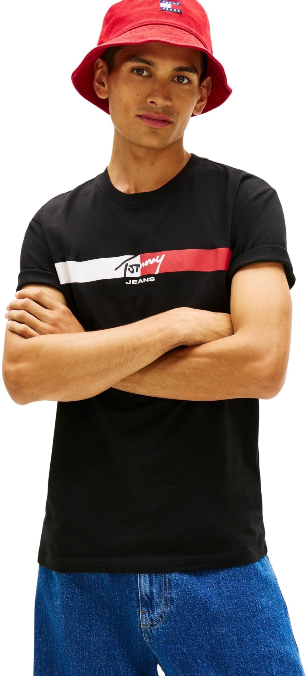 Tommy Jeans Men's TJM Reg Signature Stripe T Ext DM0DM22539 S/S T-Shirt, Black (Black), L