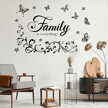 Wandtattoo Spruch Familie Modern Wandaufkleber  Family is everything  Schwarz Blumenranke Schmetterlinge Vinyl Selbstklebend Wandsticker f r Wohnzimmer Schlafzimmer Wanddeko