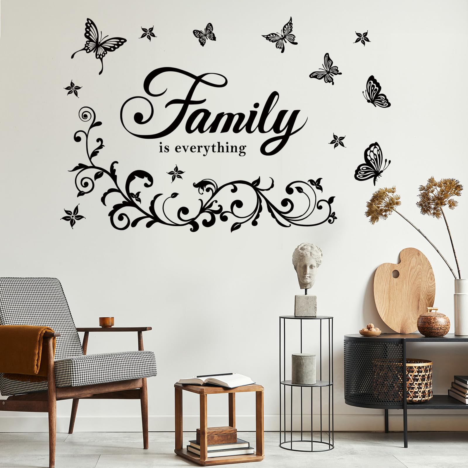 FUFUQUARE Family is Everything Sayings Wall Stickers Black Floral Vine Butterfly Letter Inspirational Quote Decals Vinyl Removable Wall Decor for Living Room Bedroom Kitchen