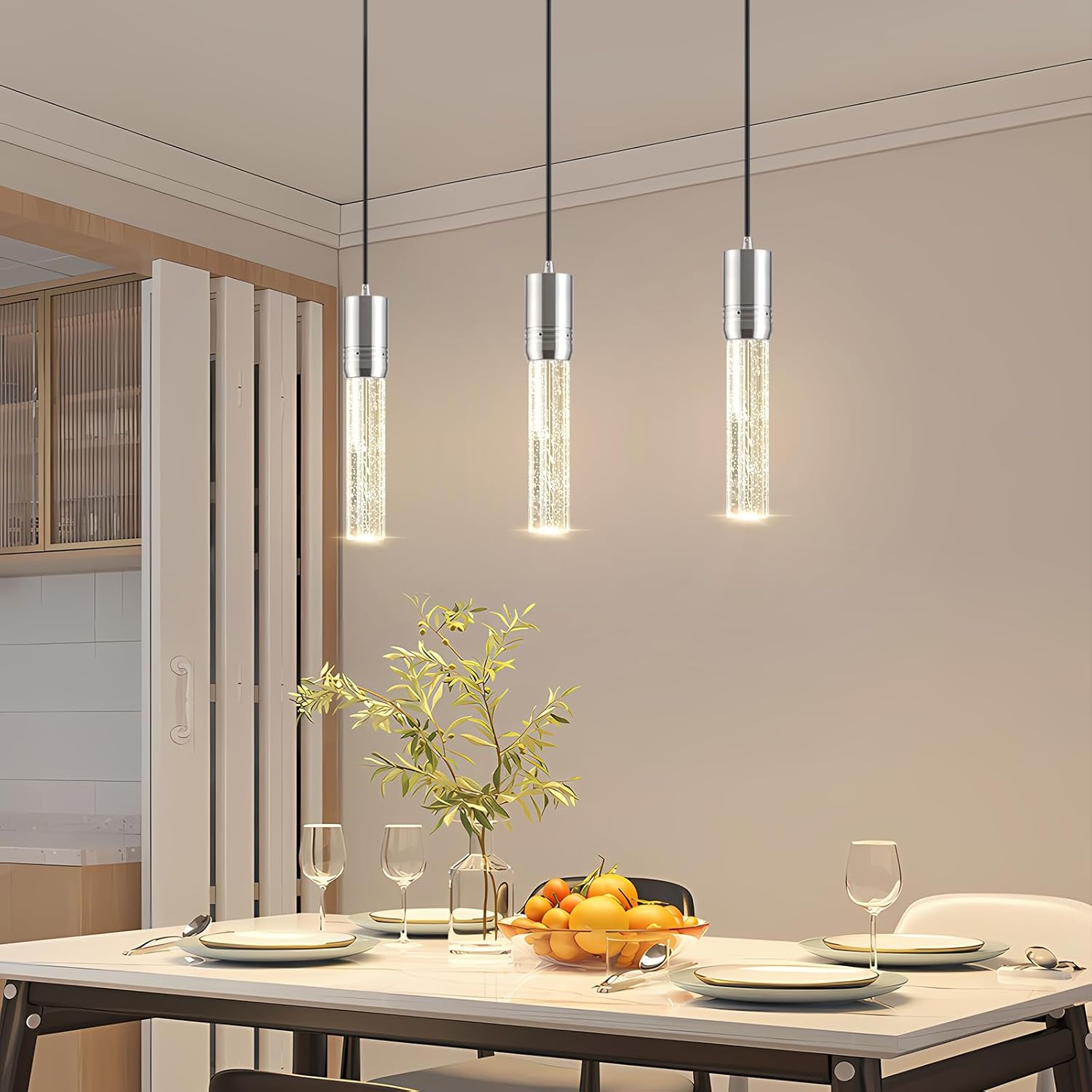 Brushed Nickel Pendant Lights Kitchen Island, Crystal Bubble Pendant Lights, Adjustable Modern Pendant Light Fixtures for Dining Living Room Bedroom 3 Pack