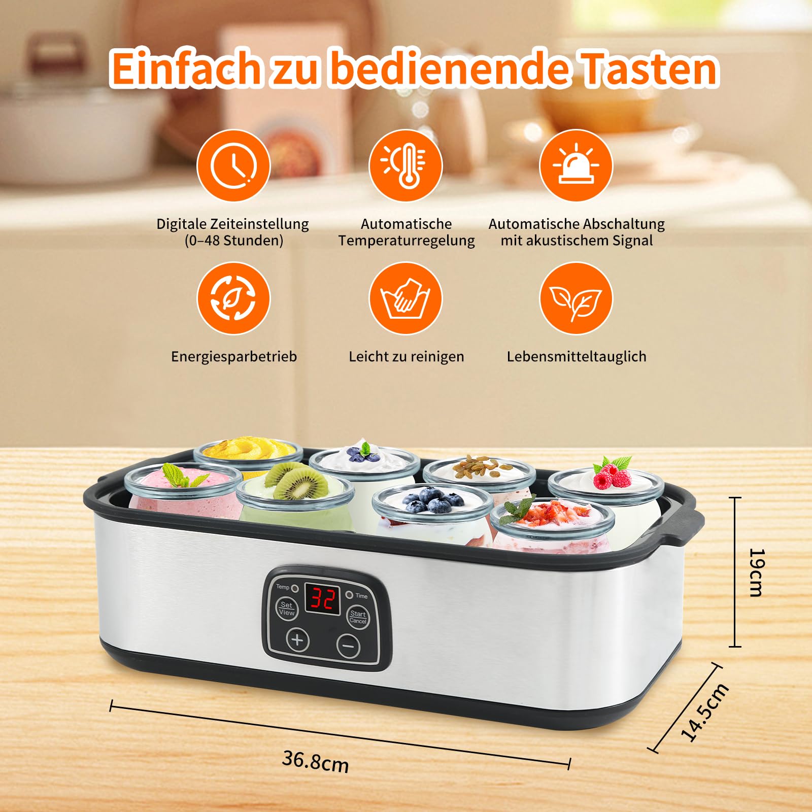 Joghurtbereiter, 8 Glasbehälter à 180 ml für bis 1.5L Joghurt Maker