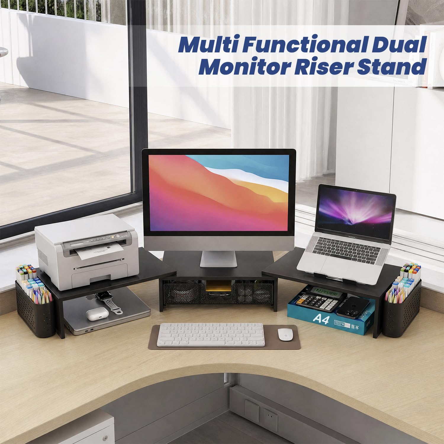 Supporto in Metallo per Due Monitor, Rialzo per Monitor con Cassetto e 2 Portapenne, Supporto Rialzato per Due Monitor per Laptop, PC, Computer e Stampante da Scrivania (Nero)