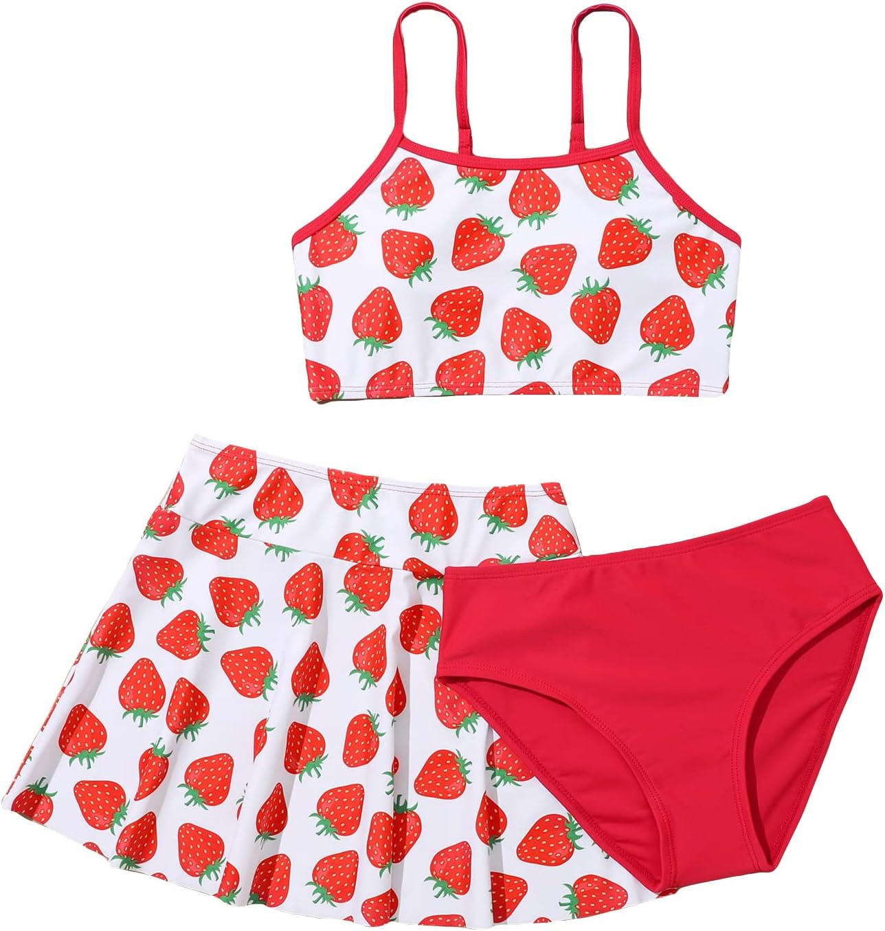 WDIRARA Girl's Strawberry Print Bikini 3 Piece Swimsuit Cute Bathing Suits with Beach Skirt