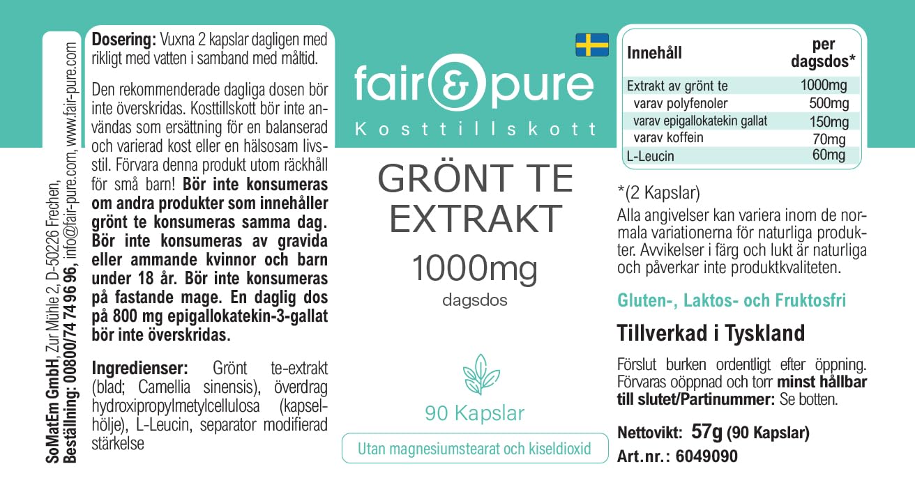 Fair & Pure® - Estratto di tè verde 1000 mg (Camilla sinensis) - 90 capsule - 50% polifenoli (tra cui EGCG) - vegano - senza magnesio stearato
