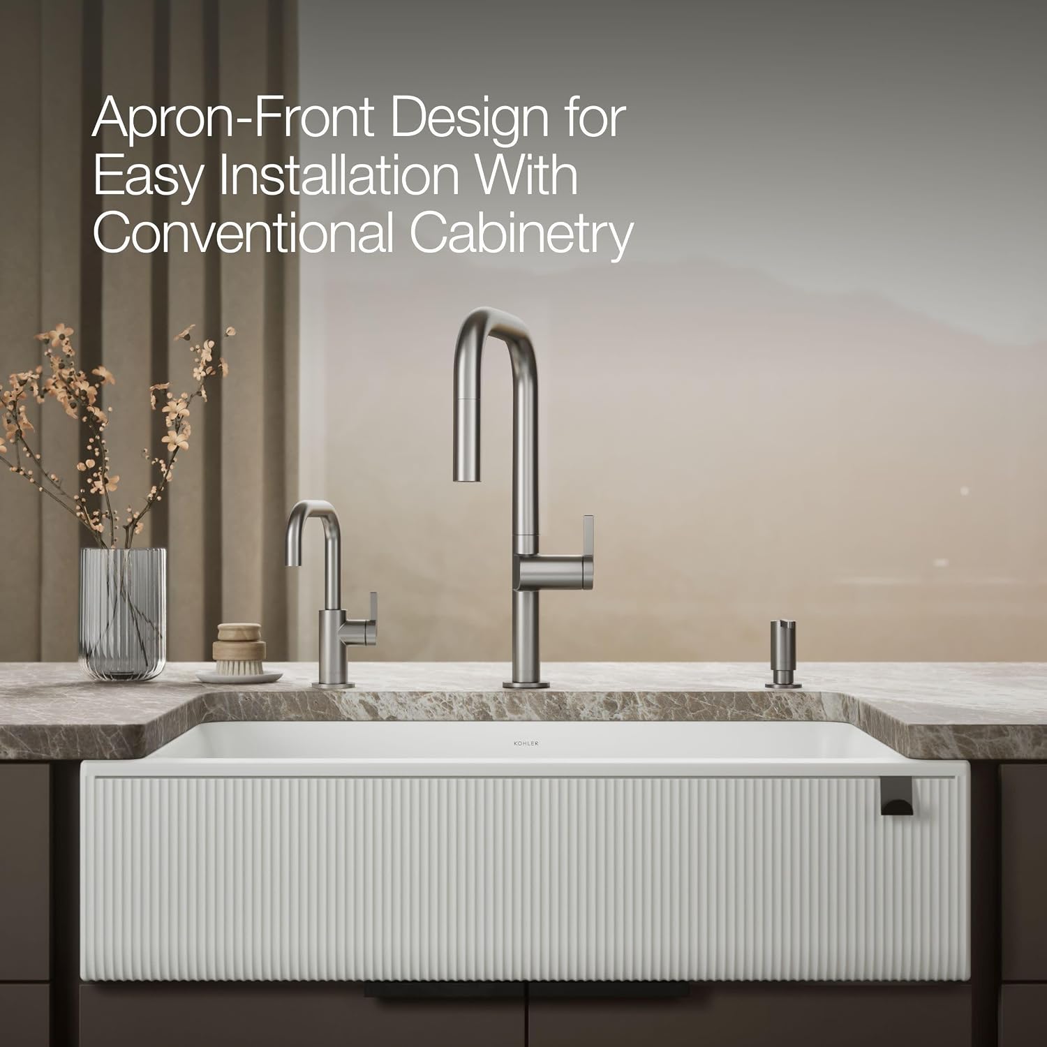 Kohler 25788-CM6 Cairn® 34" undermount single-bowl farmhouse kitchen sink with fluted design, Matte White