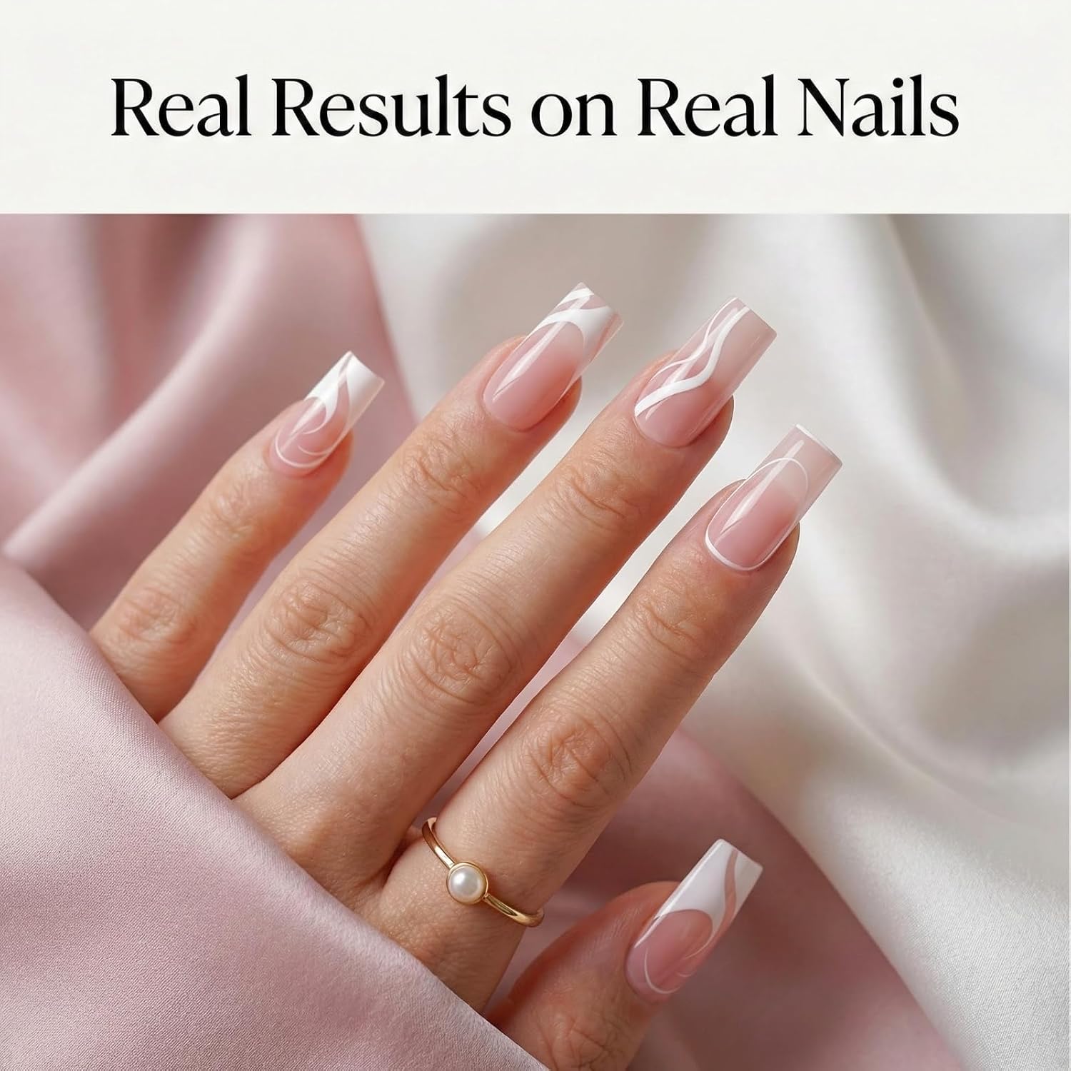 150 Pcs French Tip Press on Nails, Pre-Designed Swirl Soft Gel Nail Tips, No Need to Square False Nails with 7pcs Jelly Glue, 15 Sizes Ultra Fit Long Lasting Soak Off Tips for DIY Art