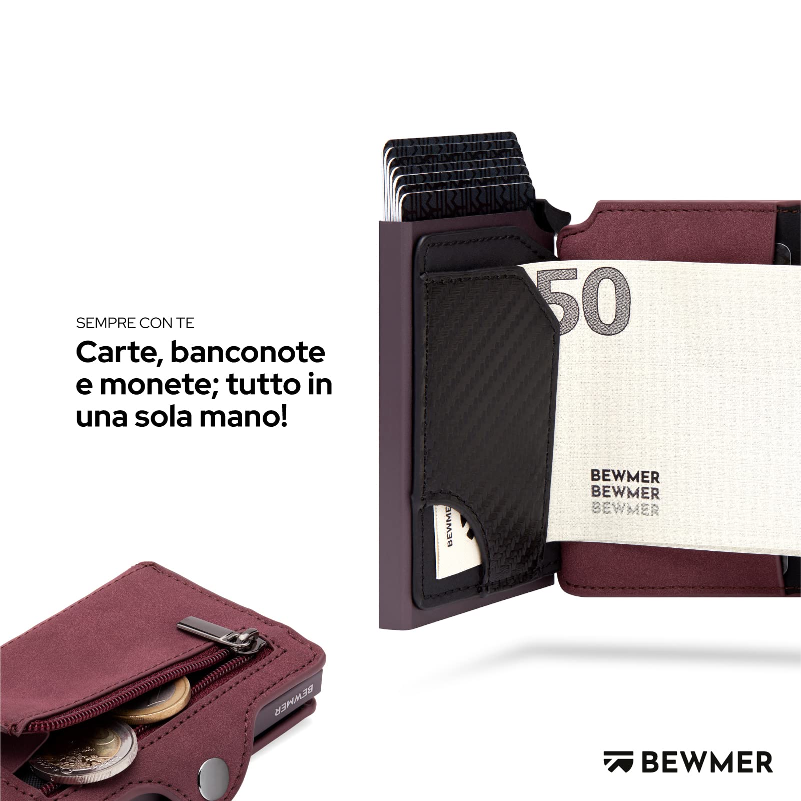 BEWMER Porta Carte di Credito 1 Schermato | Portafoglio Slim da Uomo e Donna | Porta Tessere e Documenti con Rfid Protection e Fermasoldi in Carbon Fiber (Con Zip, Rosso Bordeaux)