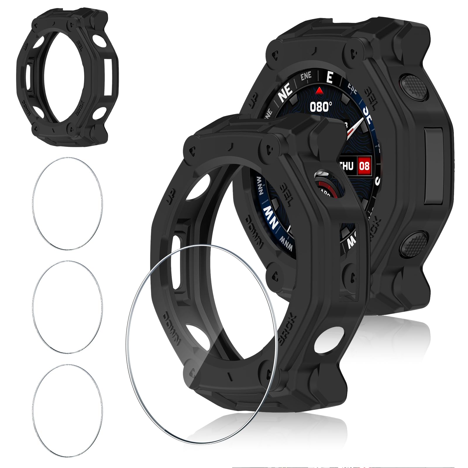 Hard Case Compatible with A-Mazfit T-Rex 3 Pro 48 mm, 9H HD Tempered Glass Screen Protector *3, Anti-Shock Bumper, Anti-Scratch Protective Frame Cover*1 - Black
