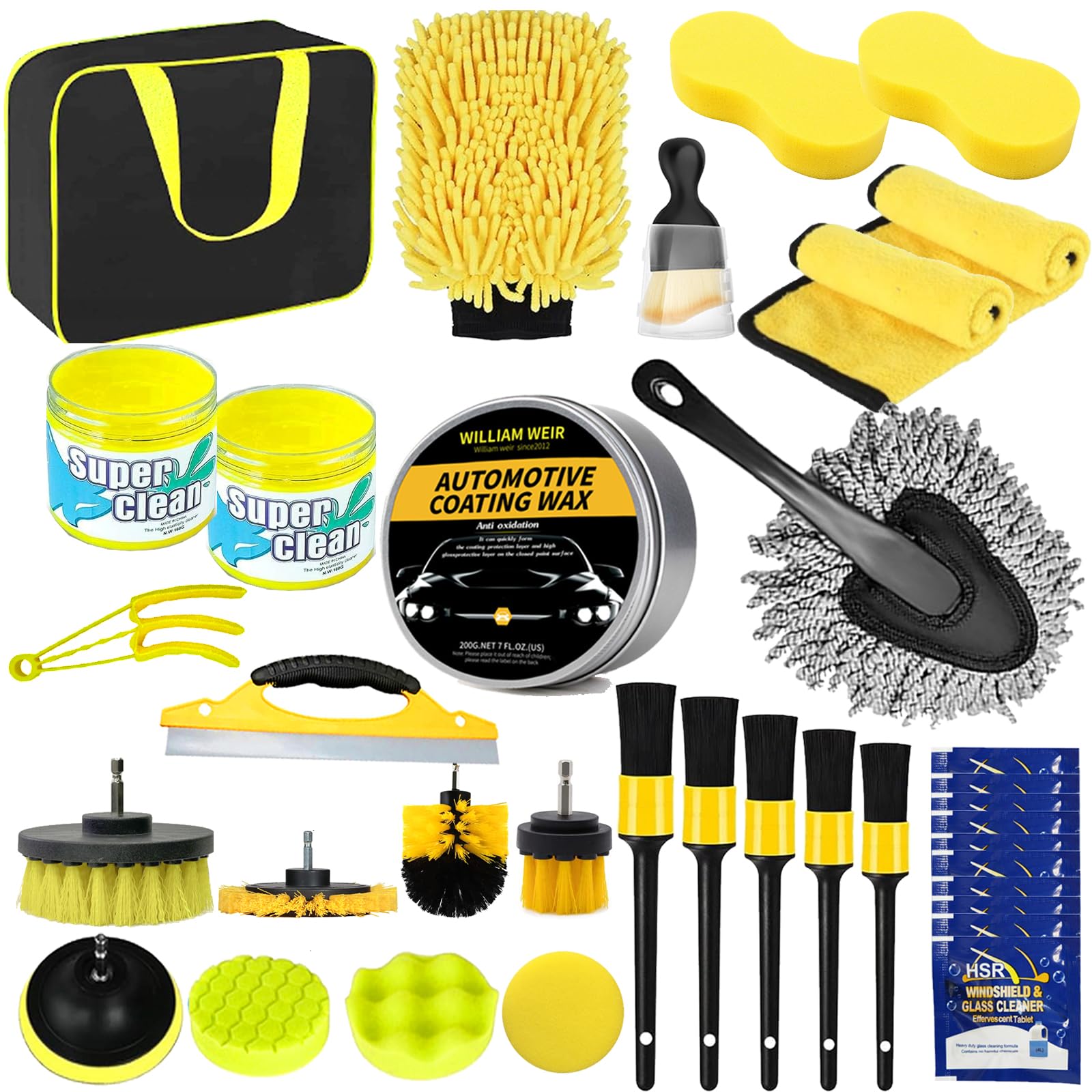 zycBernoi 35 Pcs Car Cleaning Wash Kit, Car Cleaning Supplies, Car Cleaning Accessories with Car Wax, Professional Car Detailing Brush, Auto Detailing Drill Brush Set, Perfect for Cars and Bikes