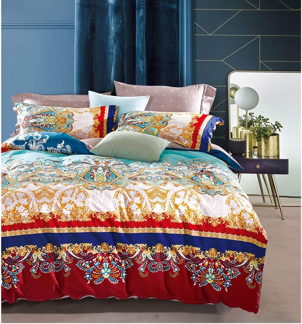 Bohemian Duvet Cover Striped Ethnic Boho Reversible Paisley Pattern Cotton Bedding 3 Piece Set Colorful Modern Hippie Style (Queen, Golden Treasures)
