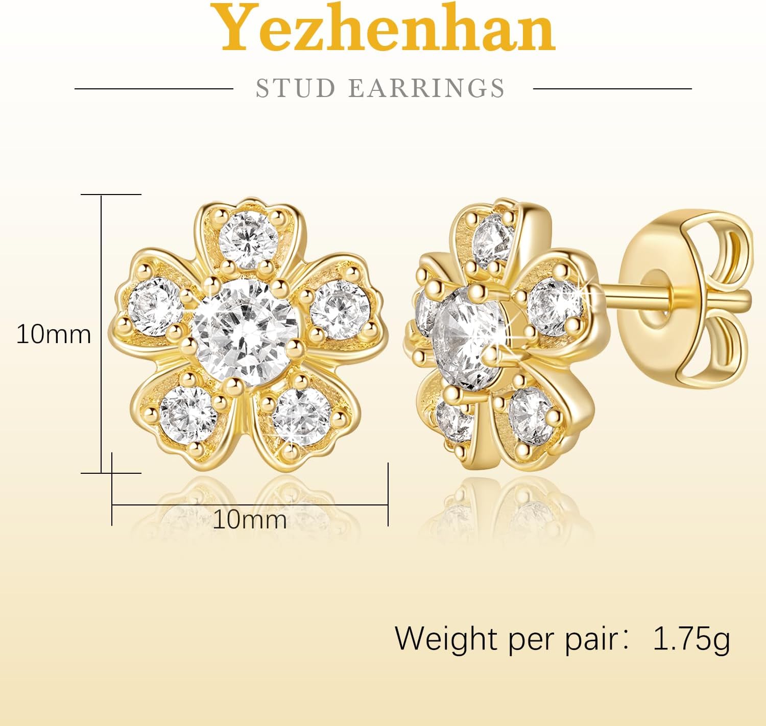 Gold Studs Earrings for Women 14k Gold Earrings for Women Flower Stud Earring for Womens Stud with Cubic Zirconia Casual Vibe and Edgy Feel CZ Studs Earring for Womens 10mm