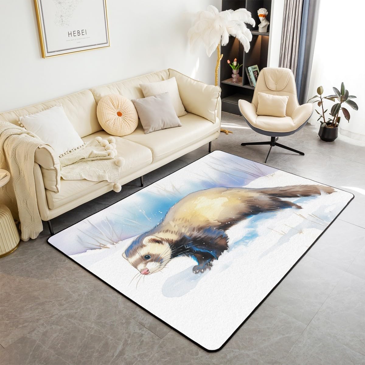 Erosebridal Ferret Carpet,Kids Cartoon Ferret Area Rug 3x5,Cute Wild Animals Decorative Accent Rug for Laundry Doorway Porch,Winter Wildlife Indoor Floor Mat Kawaii Room Decor for Boys Girls