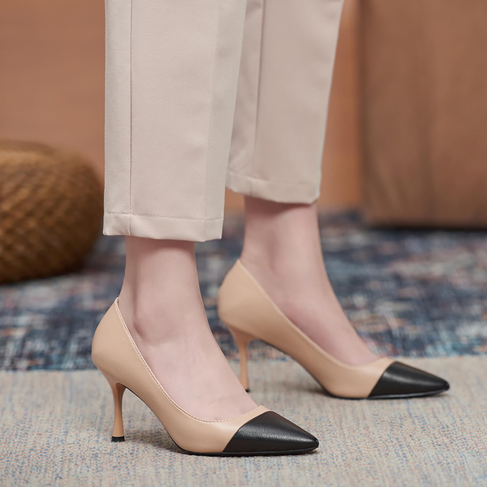 Zapatos de Tacón Bicolor - Punta Negra & Cuerpo Desnudo, Disponibles en Charol & Ante con Tacones 5cm/7cm, Tallas 34-43