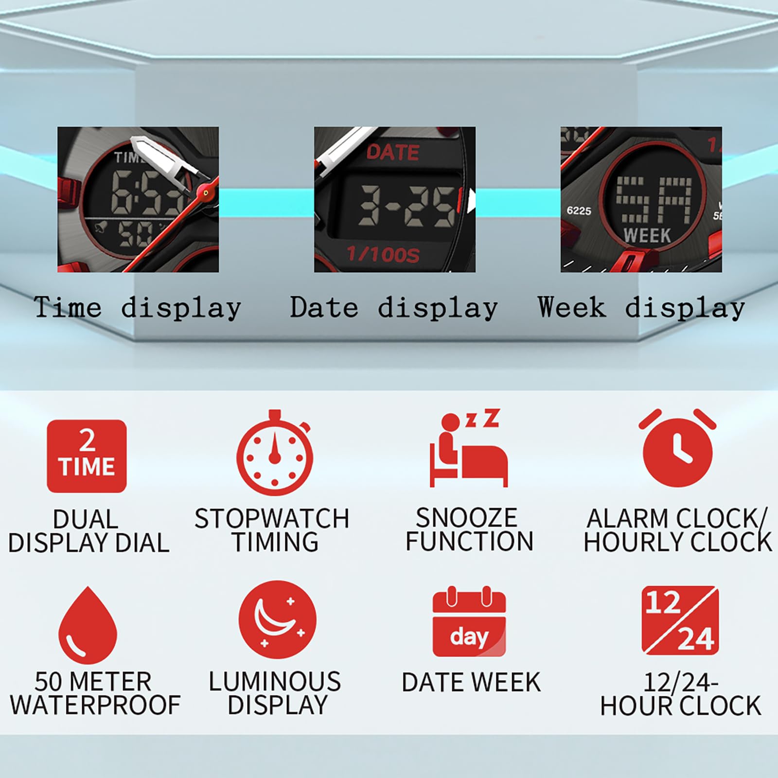 findtime Montre de sport pour homme avec date, analogique, numérique, rétro-éclairage LED, étanche, doré, Décontracté