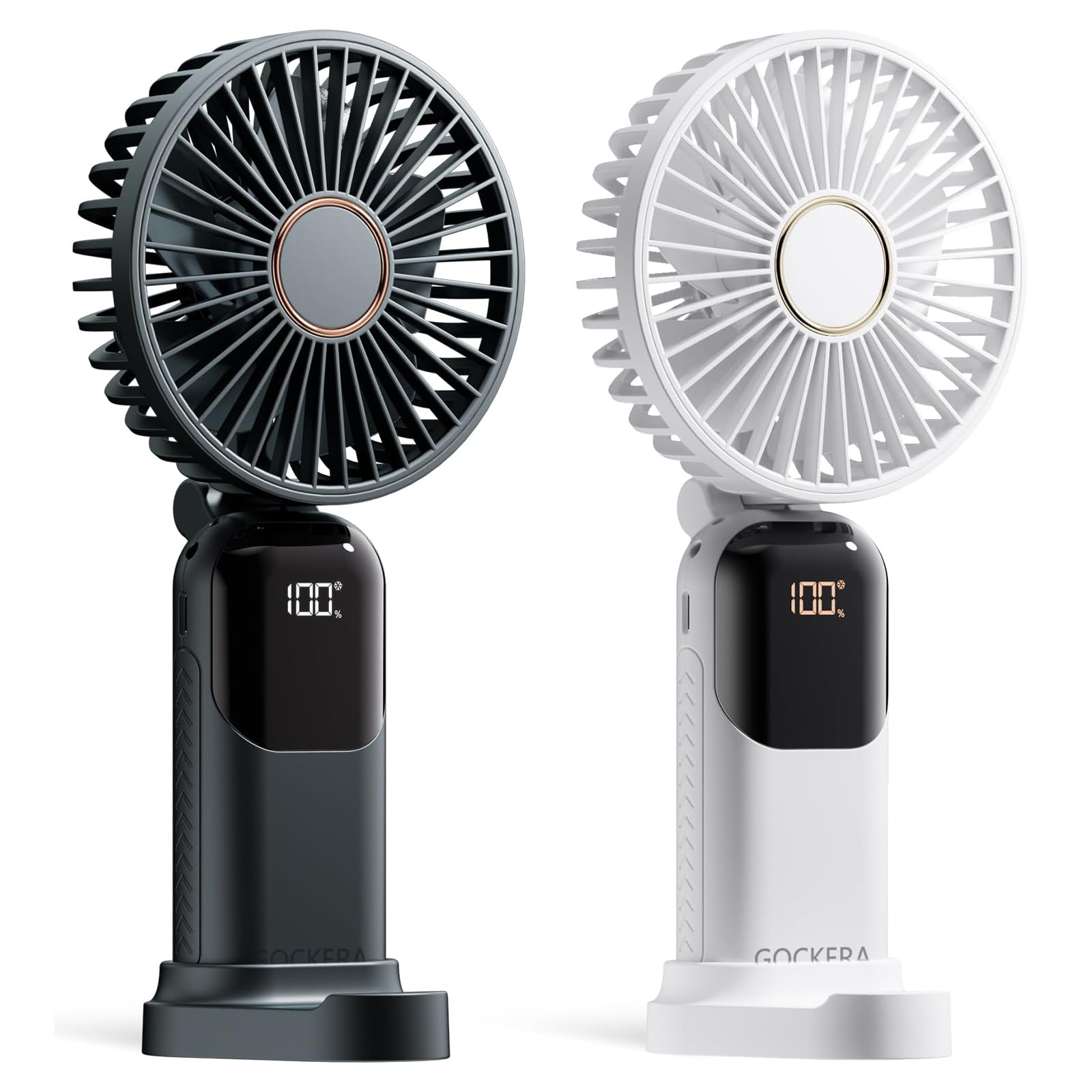Portable Fan, 4200mAh Battery Operated Fan, 5 Speeds&Digital Display, Makeup Fans for Women with Base, 180°Foldable 3in1 Handheld/Neck/Desk Fan for Outdoor Indoor,Ultra Quiet (Black white)