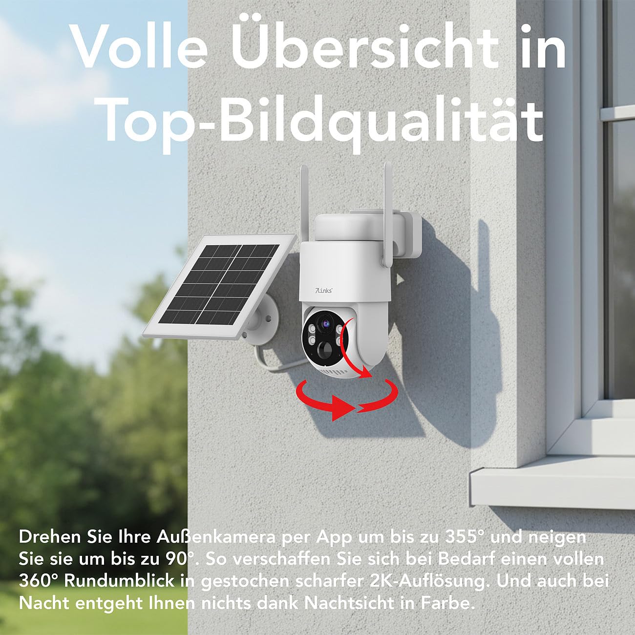 7links Überwachungskamera: 4G/LTE-Akku-Außenkamera mit eSIM & 5 Jahren Datenflat, 2K, Solarpanel (Überwachungskamera SIM, LTE Kamera eSIM, Flat)