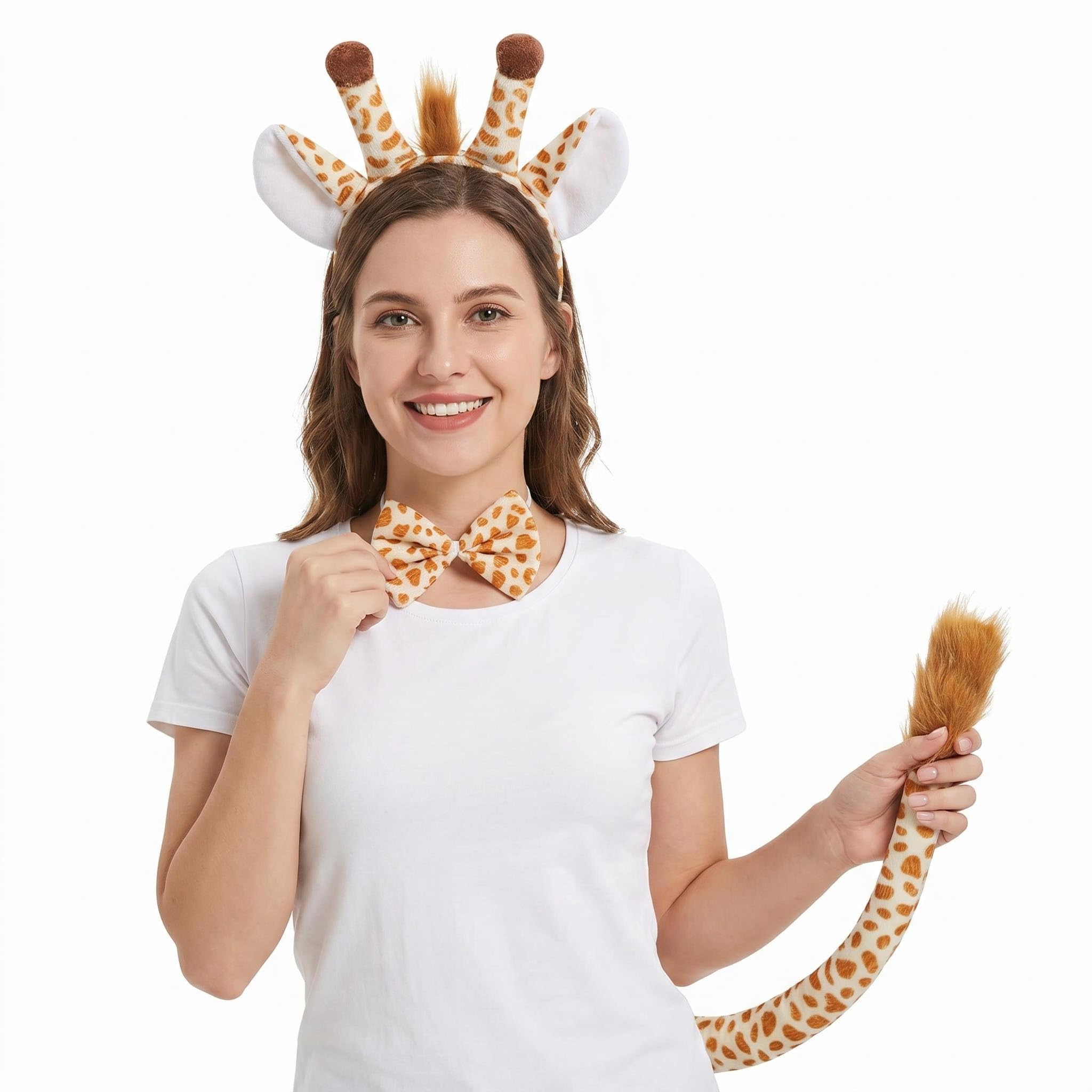 SINJAETRQ Giraffe Costume - Plush Headband, Bow Tie & Tail - Safari Costume Accessories Set for Women Men, Animal Costume for Halloween, Zoo & Jungle Party
