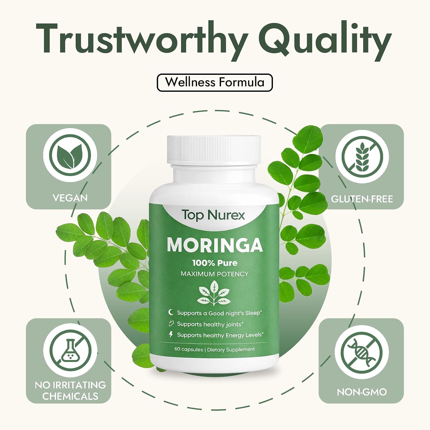 Moringa Capsules, Natural Green Superfood Supplement for Sustained Energy, Immune Support & Digestive Wellness, Non-GMO, Vegan, 60 Capsules