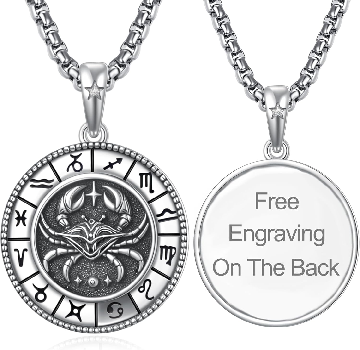 Zodiac Necklace For Men 925 Sterling Silver With 22'+2' Rolo Chain,Gift For Men Husband Friend Brother