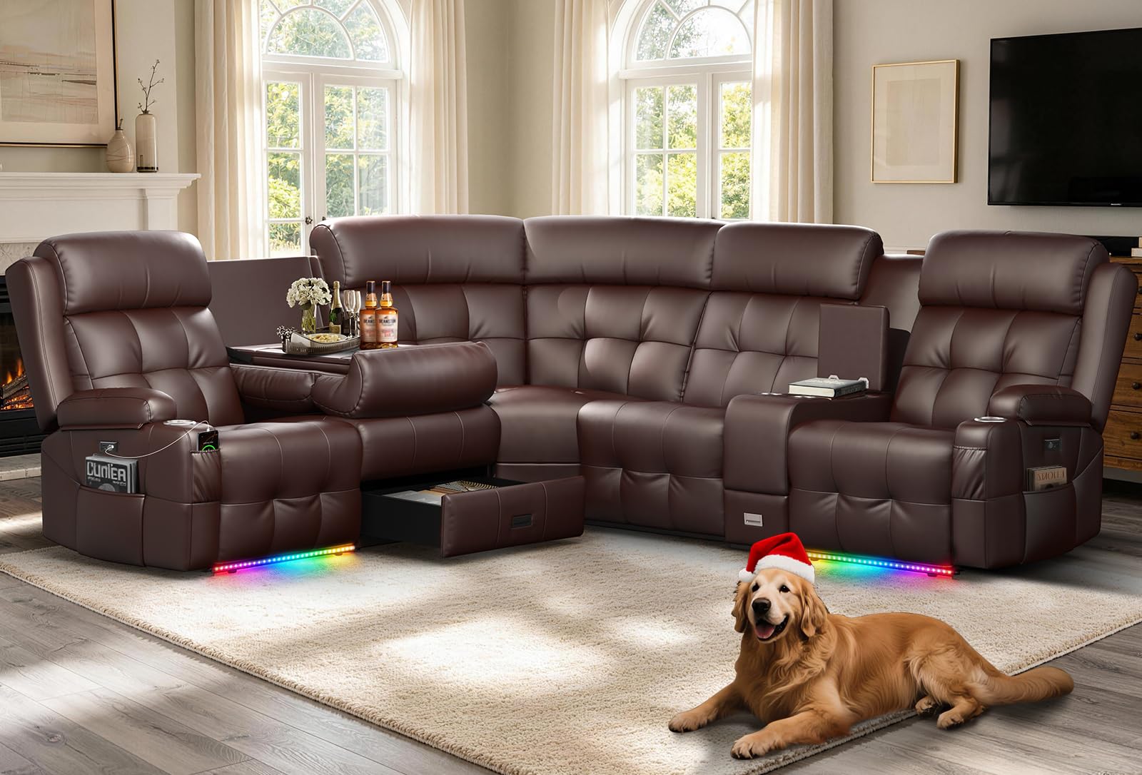 Leather Sectional Couches, 5 Seat L Shaped Reclining Sectional Sofa