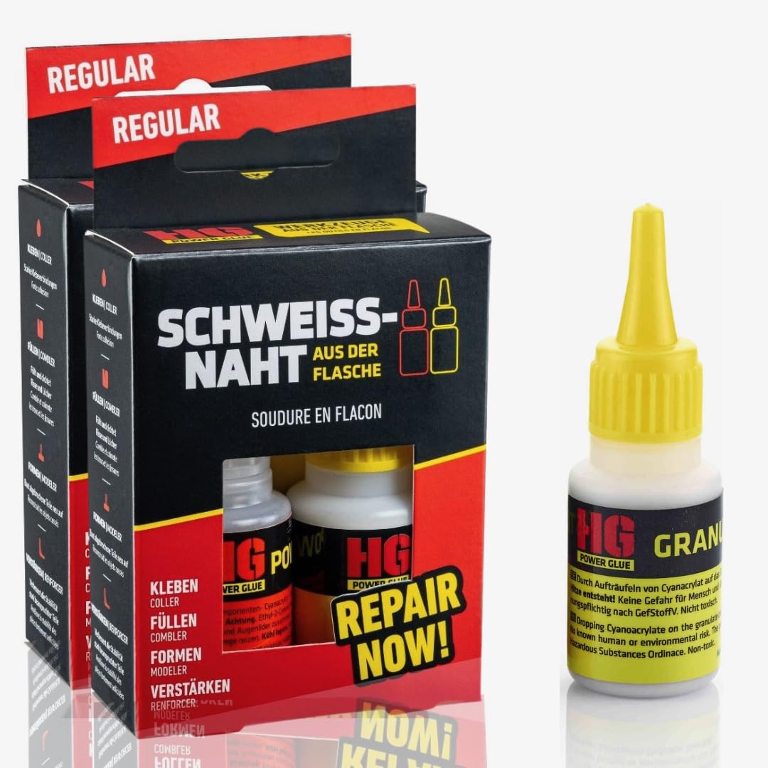 HG POWER GLUE REGULAR super glue extra forte - colle pour plastique caoutchouc pierre céramique verre bois - résistant à l'eau, à la chaleur et à séchage rapide 2x20g colle + 3x40g granulés