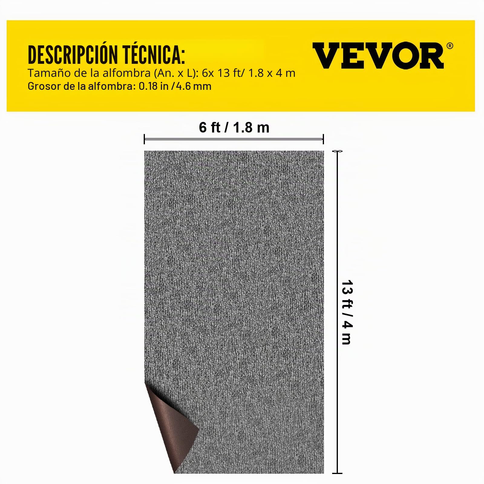 VEVOR Alfombra de Poliéster de 1,8 x 4 m, Alfombra para Terraza y Patio Antideslizante, Espesor de 4,6 mm, Alfombras Marinas para Exteriores Baños Porche A Prueba de Agua de TPR Gris, Fácil de Limpiar