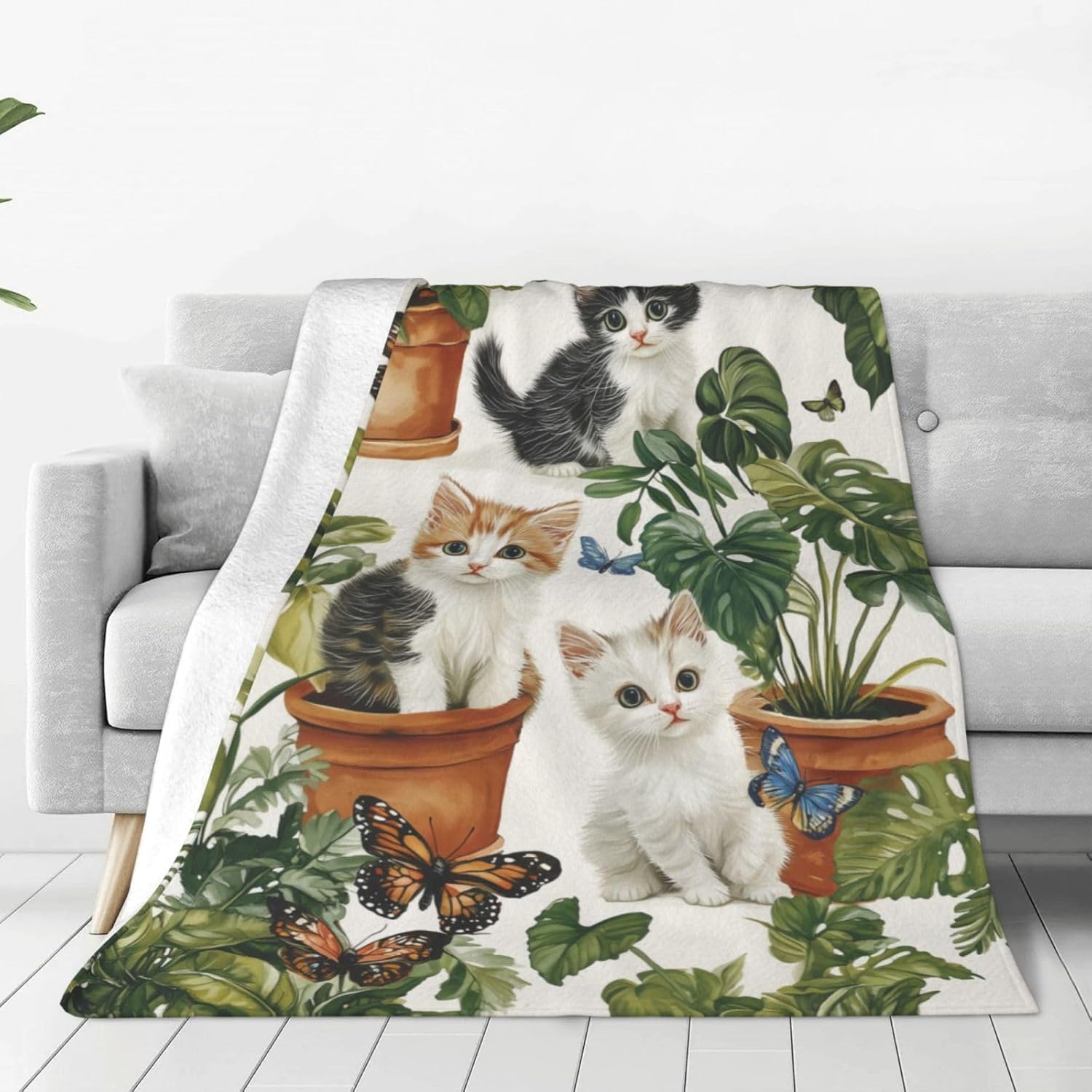 Plant Cat Blanket Patterned Kitten Throw Warm Comfy Flannel Travel Office Chair Cars Blanket for Work, Couch, Sofa, Bed All Season 60"x50"