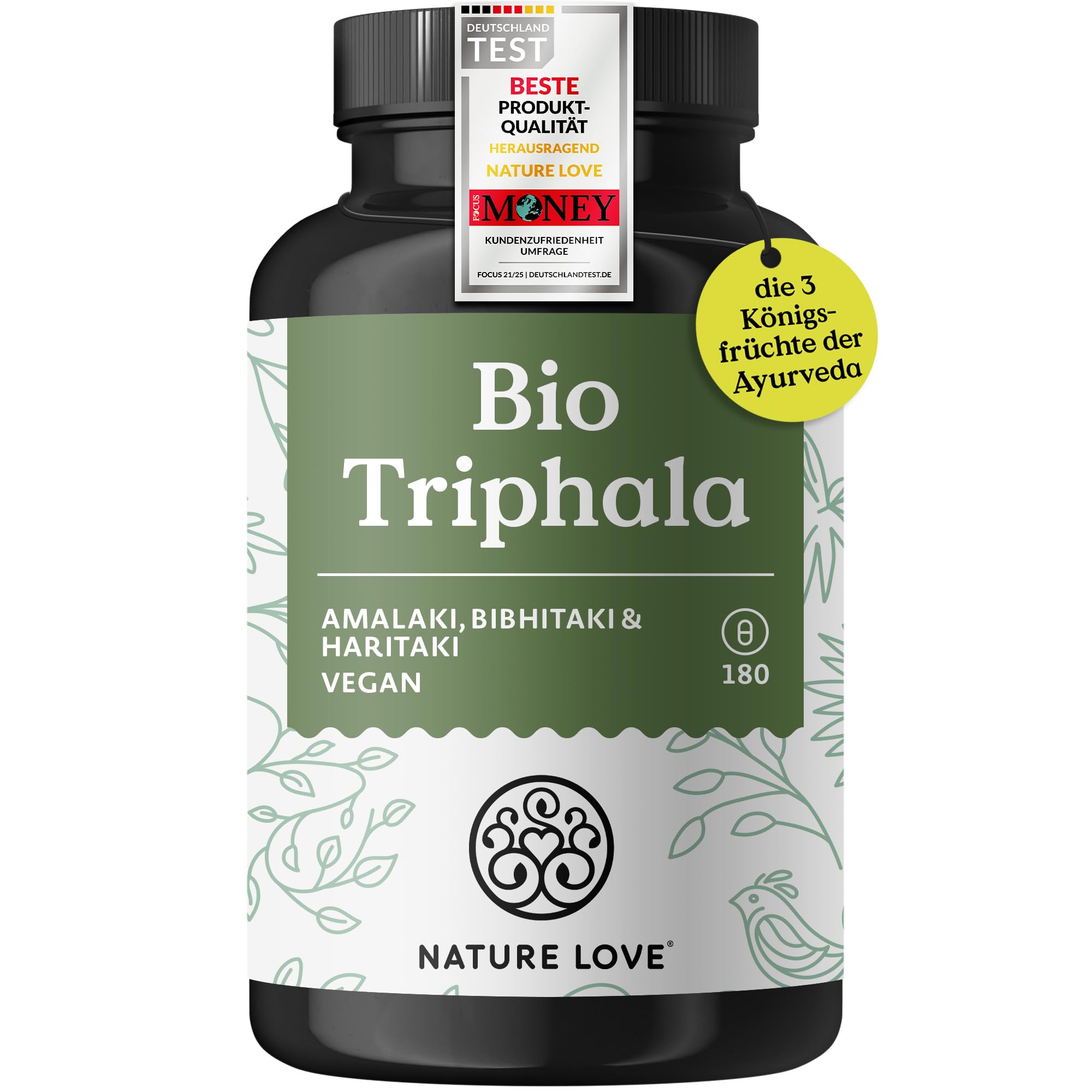 NATURE LOVE® Bio Triphala - Hochdosiert mit 500mg je Kapsel - 180 Kapseln - Hochwertiger Rohstoff aus Indien - Laborgeprüft und zertifiziert Bio, in Deutschland produziert