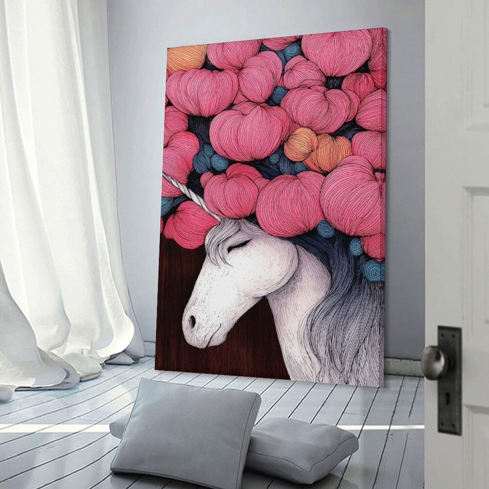 Junmoney Floral Unicorn Illustration Decorative Wall Artwork, 12x18inch(30x45cm), for Corridors, Hallways Or Apartment Entries, Home Artwork for First Impressions