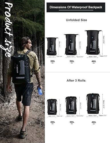 Miniatura 4 de Mochila Idrybag impermeable para deportes acuáticos, saco estanco para senderismo, con tiras de hombros, de 5.28, 7.93 y 10.57 galones, Negro