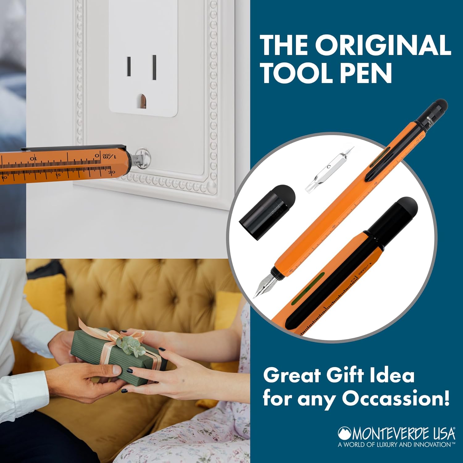 Monteverde USA 9-in-1 Tool Fountain Pen in Orange – Medium Nib, Multifunctional Pen with Stylus, Screwdrivers, Level, and Ruler – Exclusive Collection, Ideal Gift for Professionals