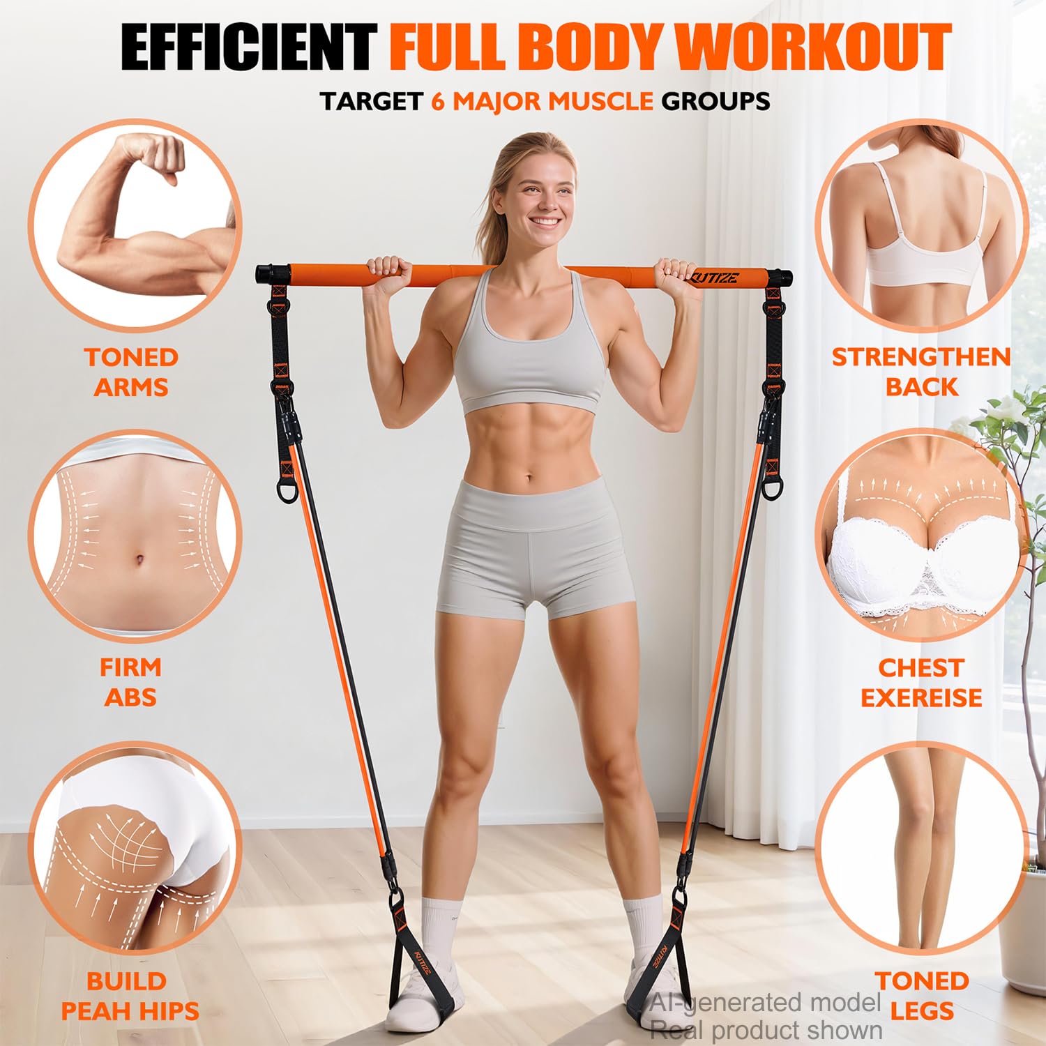 KUTIZE Kit de barra de pilates con bandas de resistencia, equipo de pilates, barra de pilates multifuncional para mujeres y hombres, kit de pilates para cadera, espalda, brazo, entrenamientos de