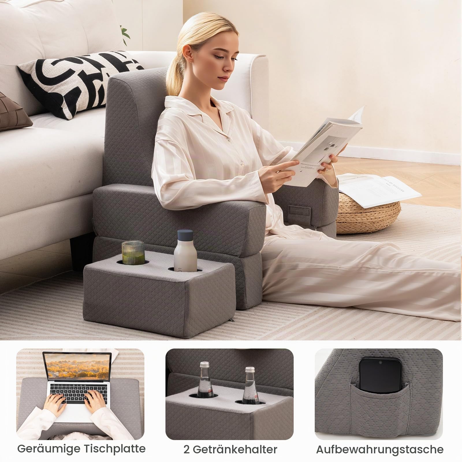 LIFEZEAL Lesekissen für Bett & Sofa, Buchkissen mit Untersetzer, Rückenkissen & Aufbewahrungstasche, Schoßschreibtisch mit Armlehnen, Gaming-Kissen zum Lesen, Arbeiten, Spielen