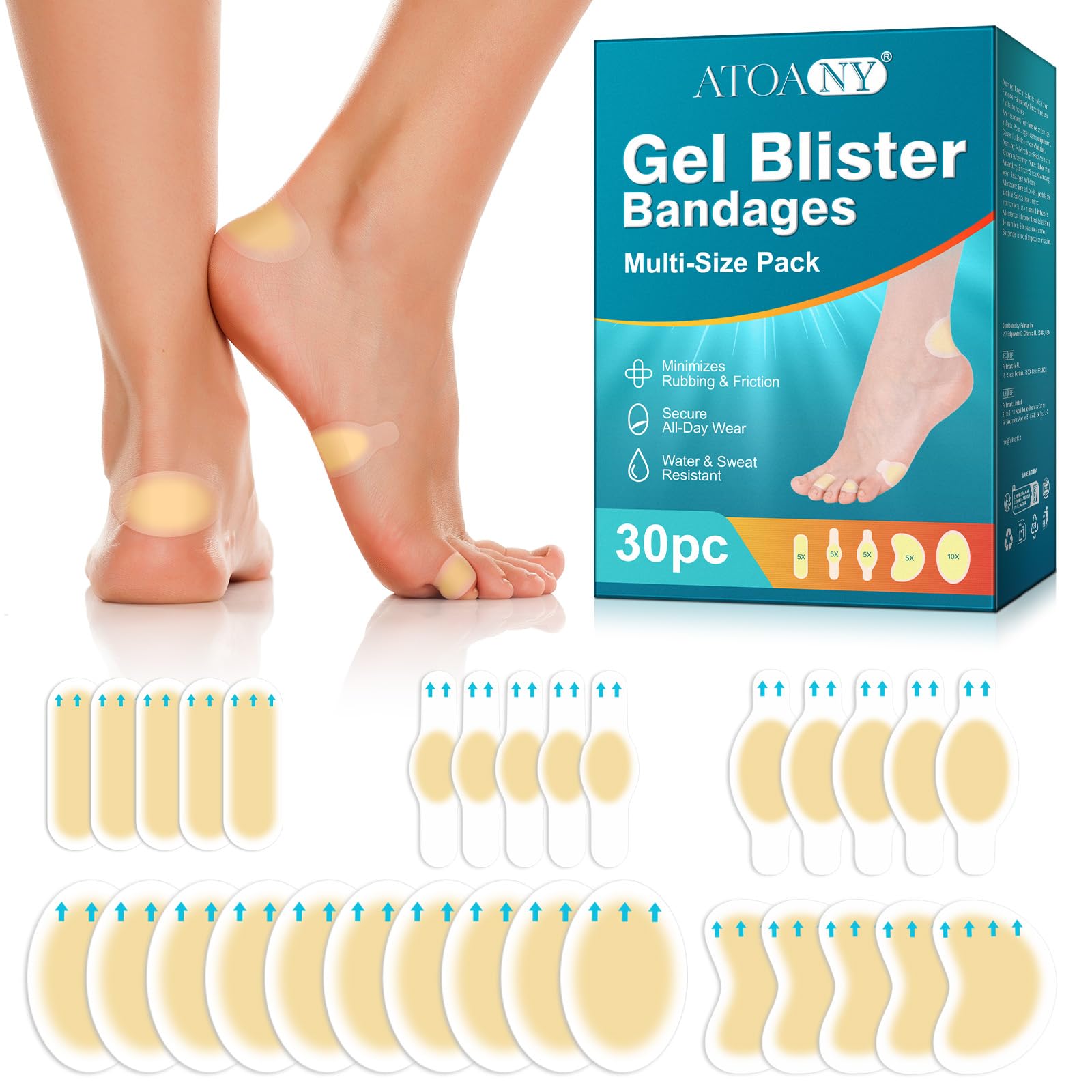 30 cerotti a bolle in gel idrocolloide, invisibili per talloni, dita e dita, cerotti resistenti all'acqua per viaggi e uso quotidiano (assortimento)