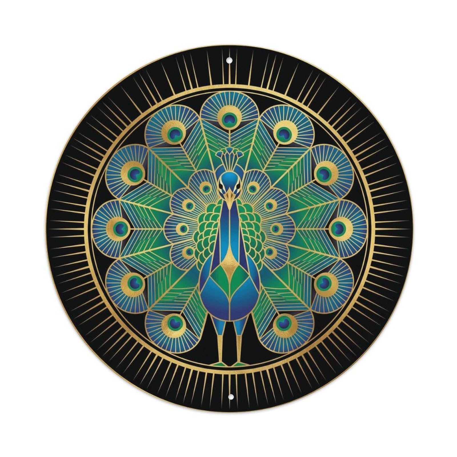 Peacock Radiant Bird Deco Style Feather Symmetry Luxury Metal Tin Sign Plaque Wall Decor for Cafe, Man Cave, Club Bar, Office, Home Garden Round Metal Poster 8x8Inch