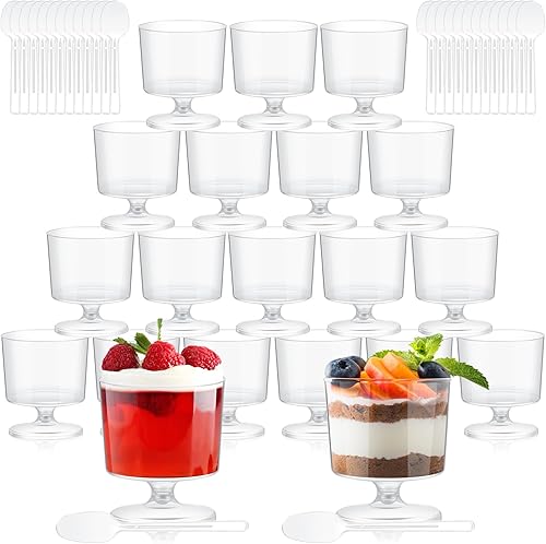 Dandat 200 mini tazas de postre de 2 onzas con 200 cucharas de plástico transparente, tazones de mousse con pies y pedestal, copas de vino para