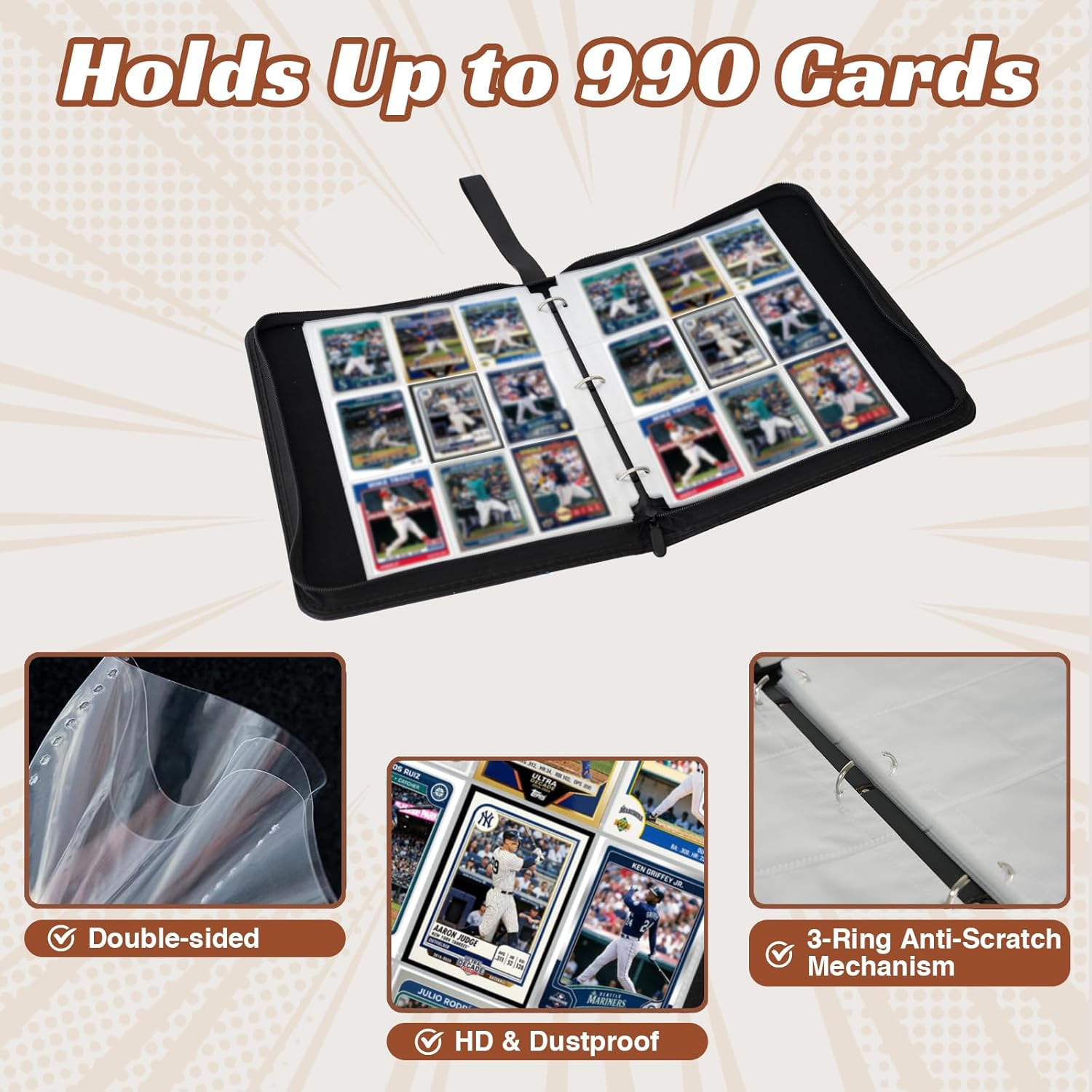 990 Pockets Baseball Card Binder - Trading Card Binder Albums with 55 Removable Pages & Wristband, Sports Card Collection Binder for Trading Cards, TCG, MTG, Dog & Baseball Themed Gifts for Boys Girls